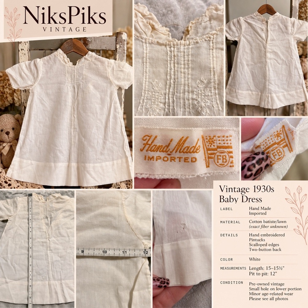 Vintage 1930s Baby Dress Hand Embroidered White Batiste Pintuck Heirloom Infant